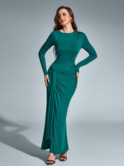 Solid Long-Sleeved Waist-Cinching Ruched High-Slit Maxi Dress