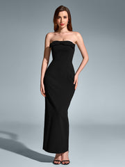 Sexy Sleeveless Backless Solid Ruched Strapless Bodycon Maxi Dress