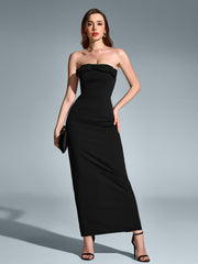 Sexy Sleeveless Backless Solid Ruched Strapless Bodycon Maxi Dress