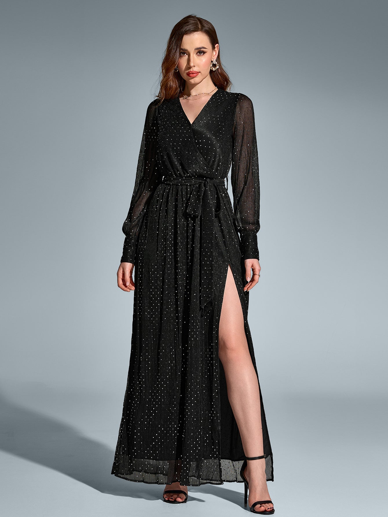 Sexy V-Neck Long Sleeved Sparkly Maxi Dress