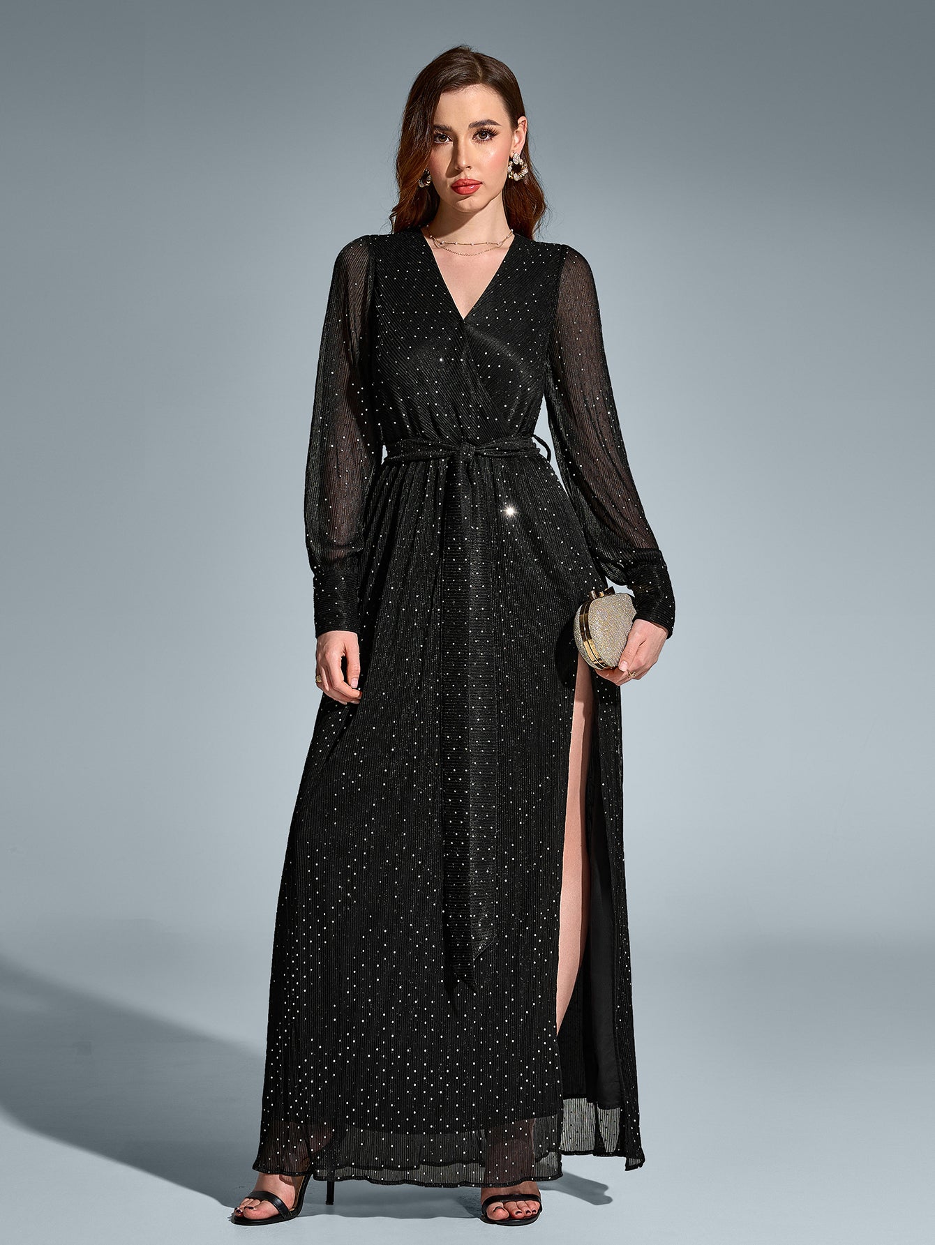 Sexy V-Neck Long Sleeved Sparkly Maxi Dress
