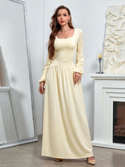 Temperament Solid Long-Sleeved Cinched Waist Ruched Slim Maxi Dress