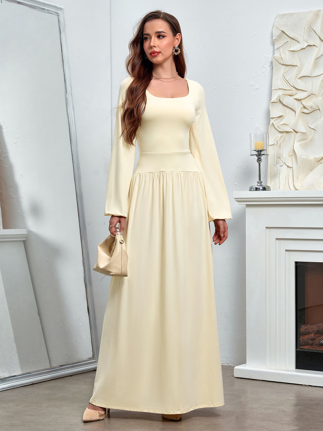 Temperament Solid Long-Sleeved Cinched Waist Ruched Slim Maxi Dress