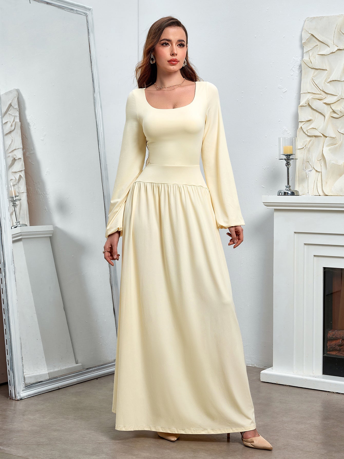 Temperament Solid Long-Sleeved Cinched Waist Ruched Slim Maxi Dress
