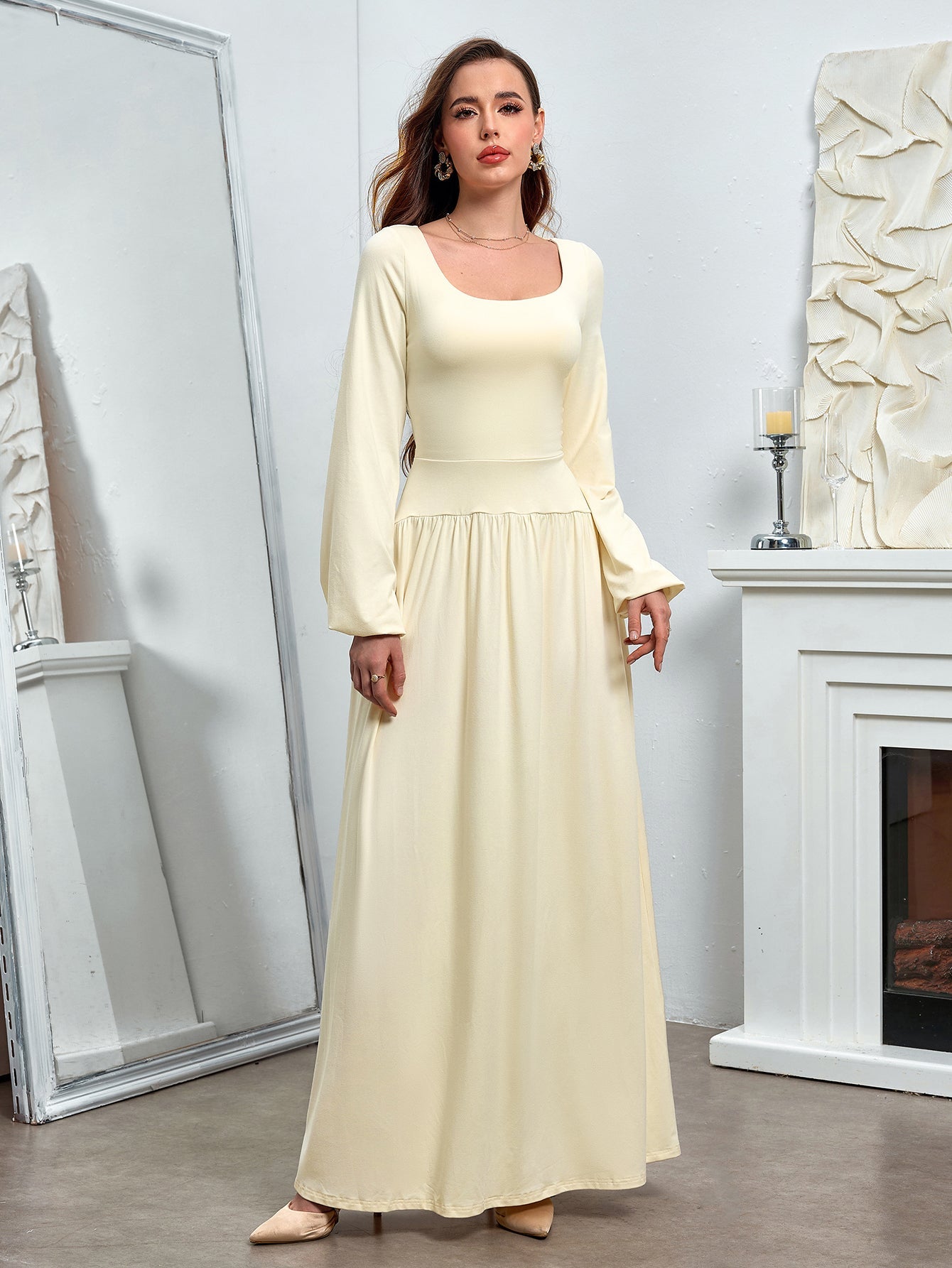 Temperament Solid Long-Sleeved Cinched Waist Ruched Slim Maxi Dress