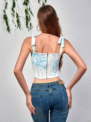 Sexy Floral Square Neckline Off-Shoulder Backless Slim Top