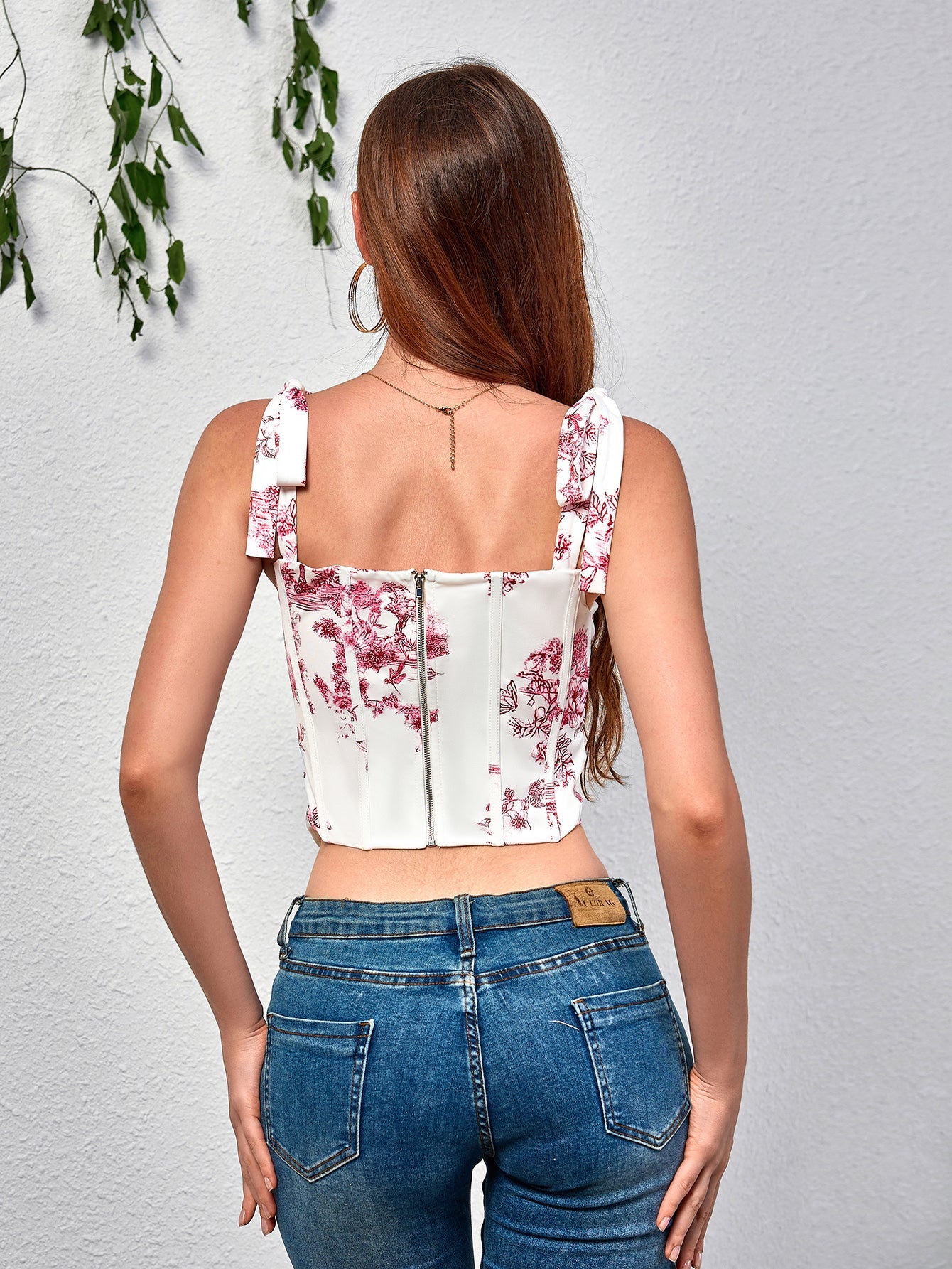 Sexy Floral Square Neckline Off-Shoulder Backless Slim Top