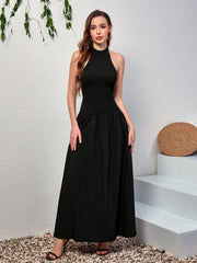 Elegant Solid Sleeveless Halter Neck Backless Maxi Dress