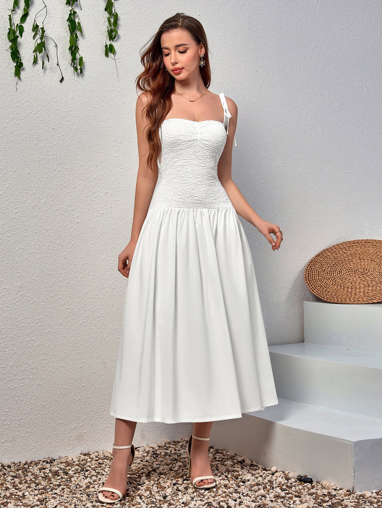 Rustic Style Sleeveless Backless Bandeau Ruched Midi Dress