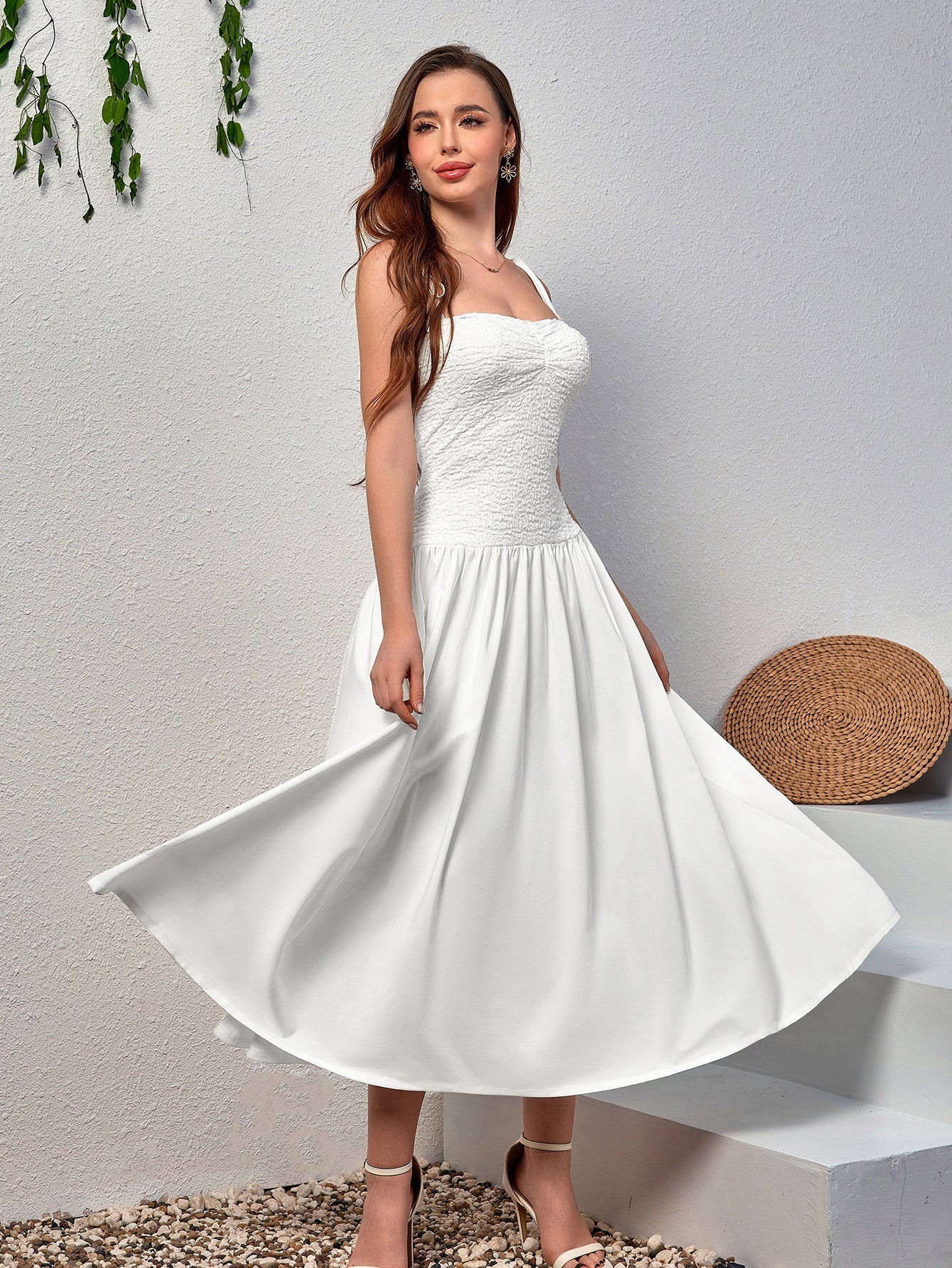 Rustic Style Sleeveless Backless Bandeau Ruched Midi Dress