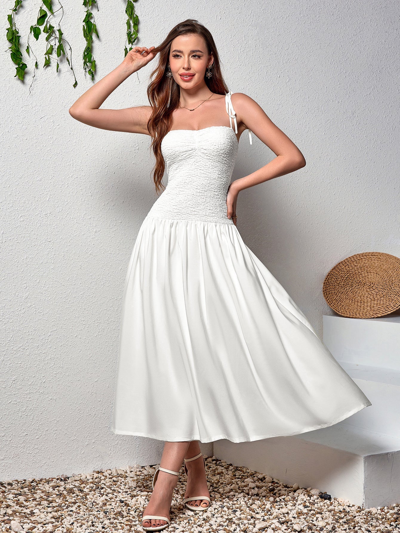 Rustic Style Sleeveless Backless Bandeau Ruched Midi Dress