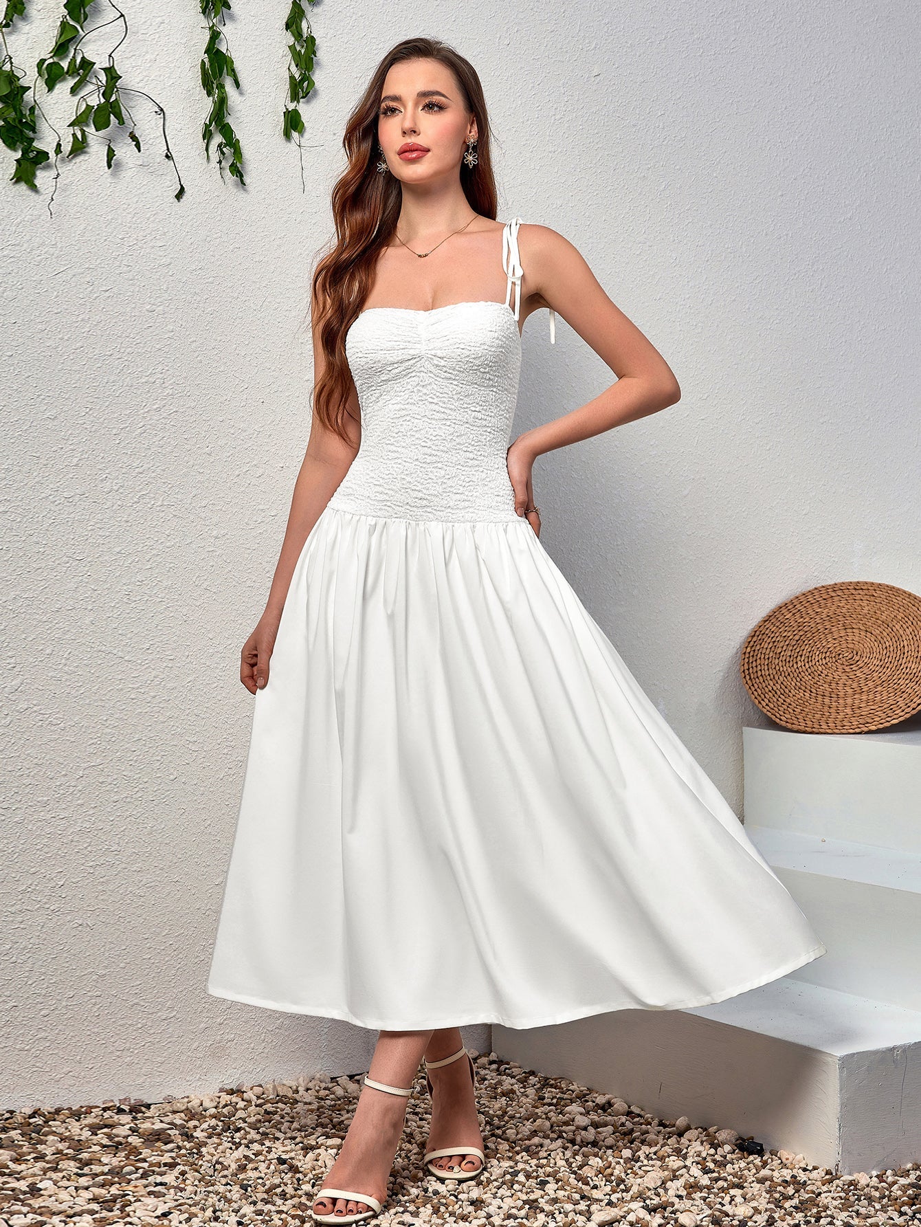 Rustic Style Sleeveless Backless Bandeau Ruched Midi Dress