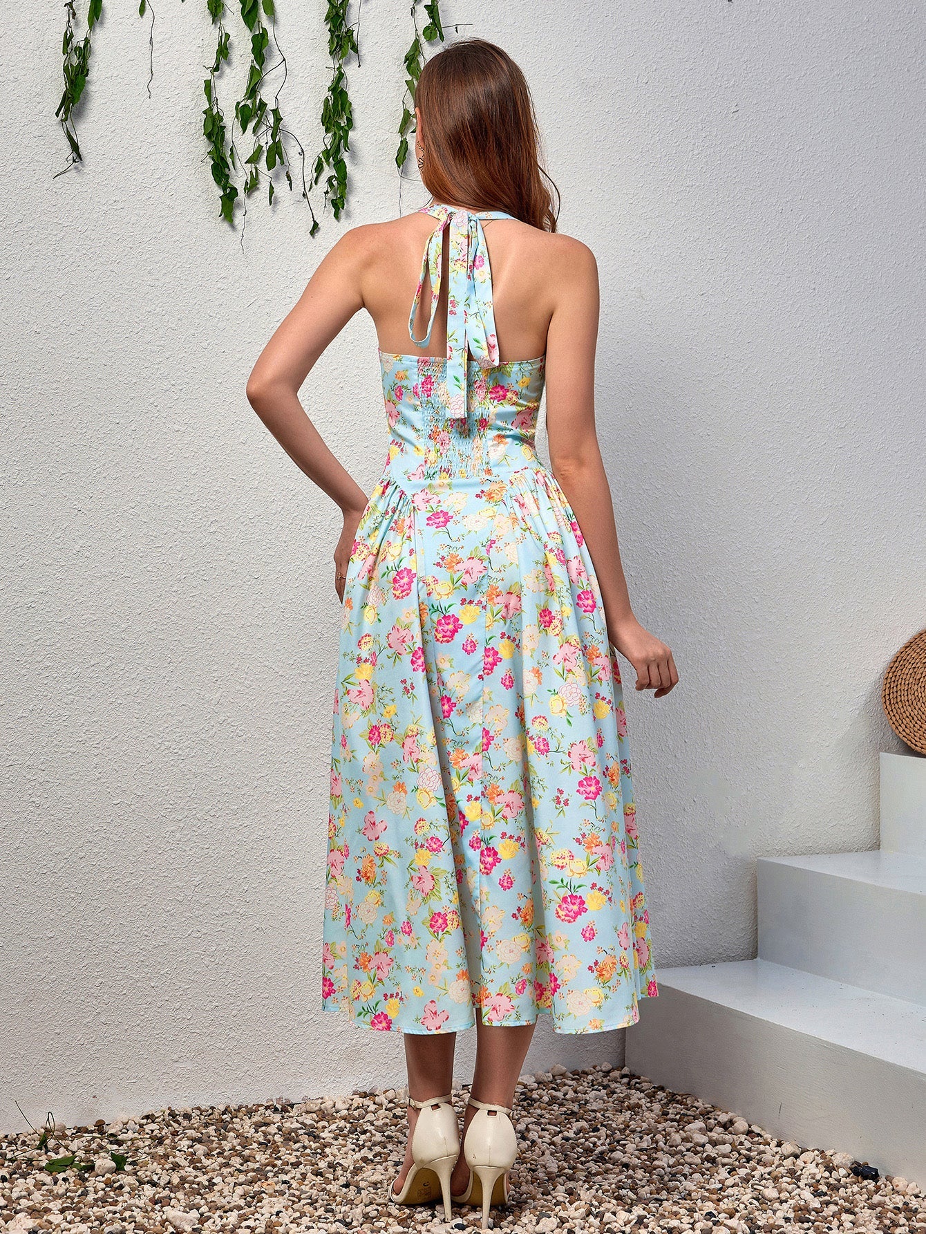 Halter Tie Floral Smocking Dress
