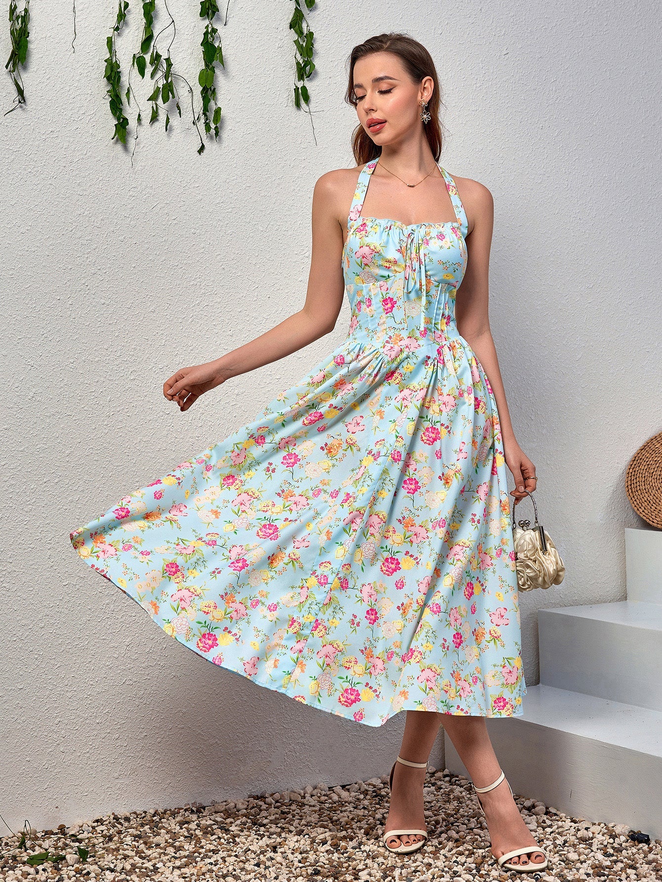 Halter Tie Floral Smocking Dress