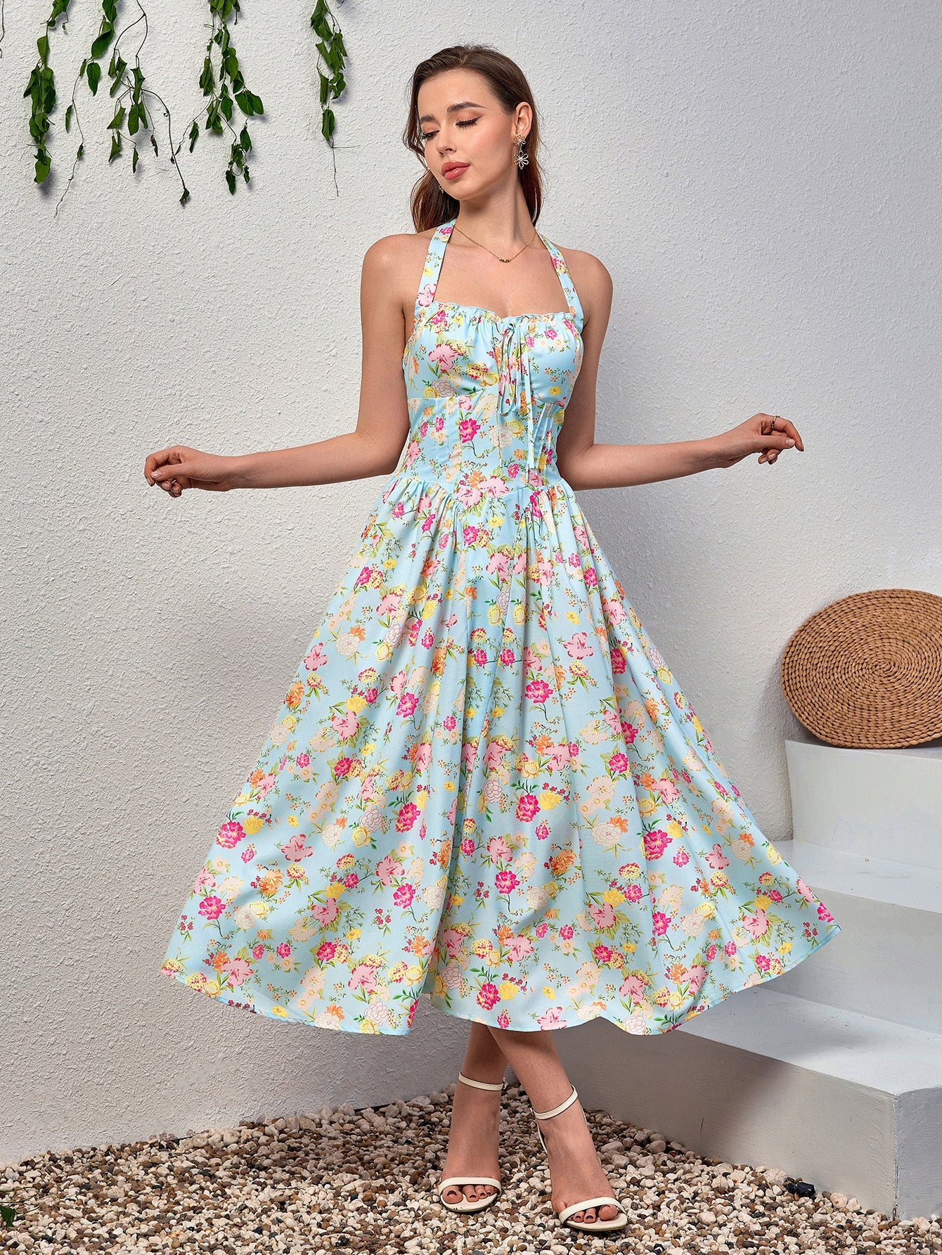 Halter Tie Floral Smocking Dress