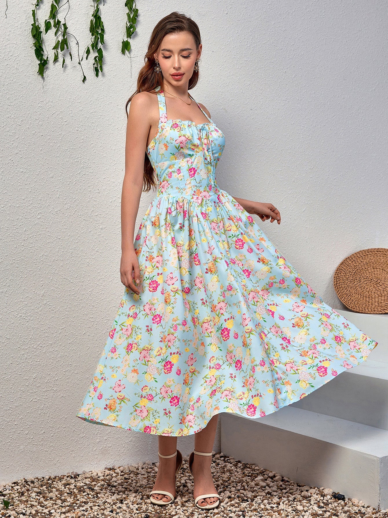 Halter Tie Floral Smocking Dress