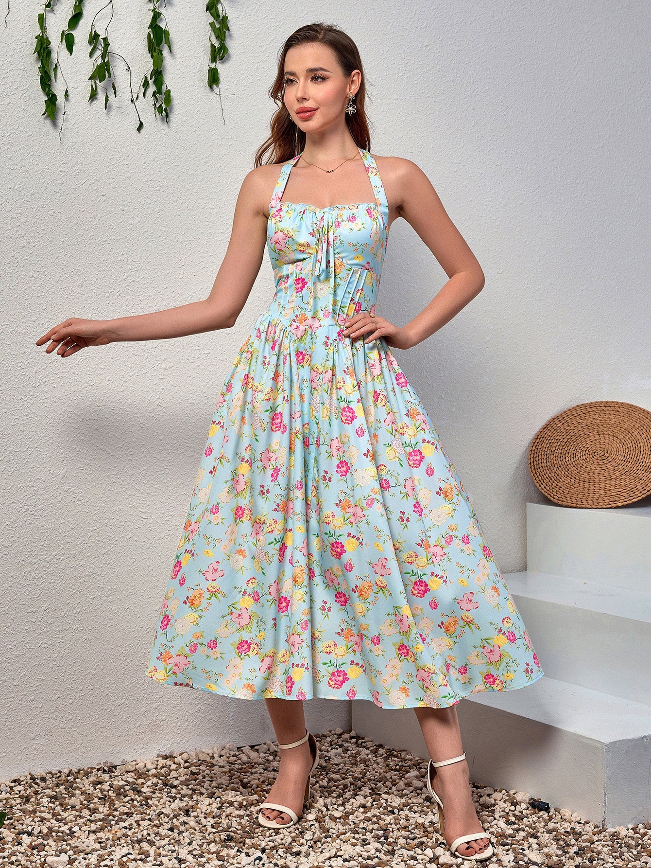 Halter Tie Floral Smocking Dress