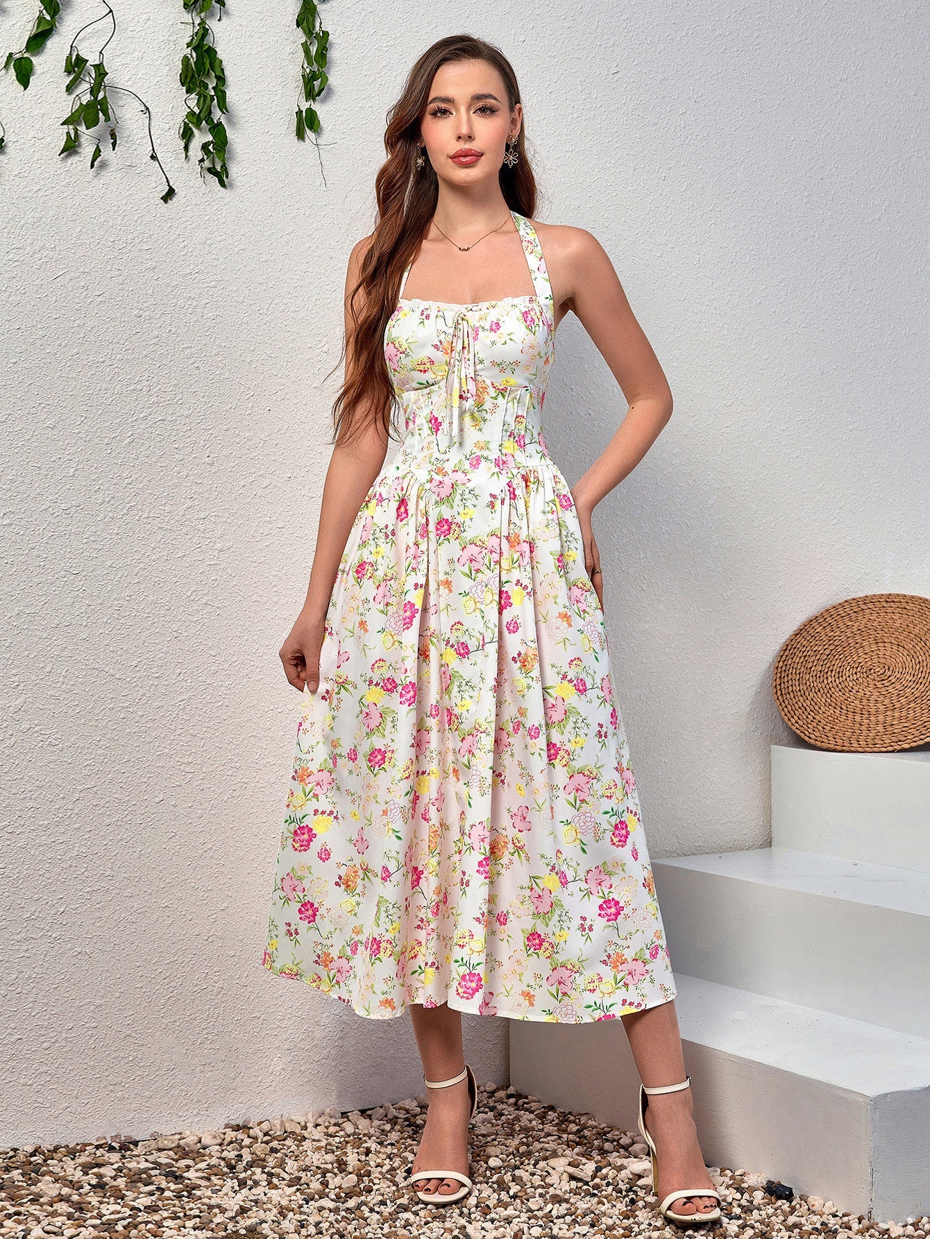 Halter Tie Floral Smocking Dress