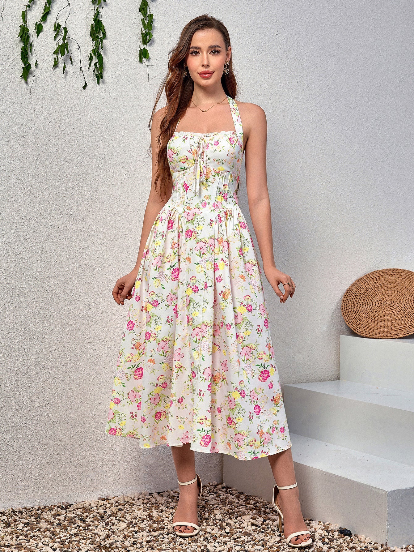 Halter Tie Floral Smocking Dress