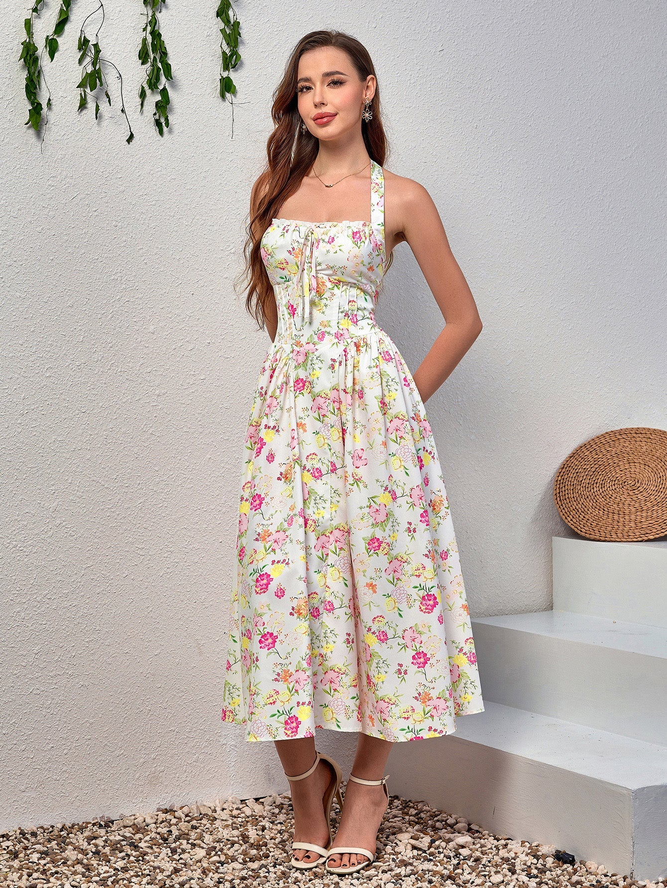 Halter Tie Floral Smocking Dress