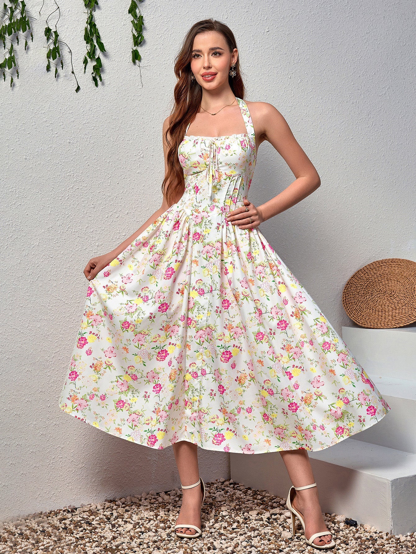 Halter Tie Floral Smocking Dress