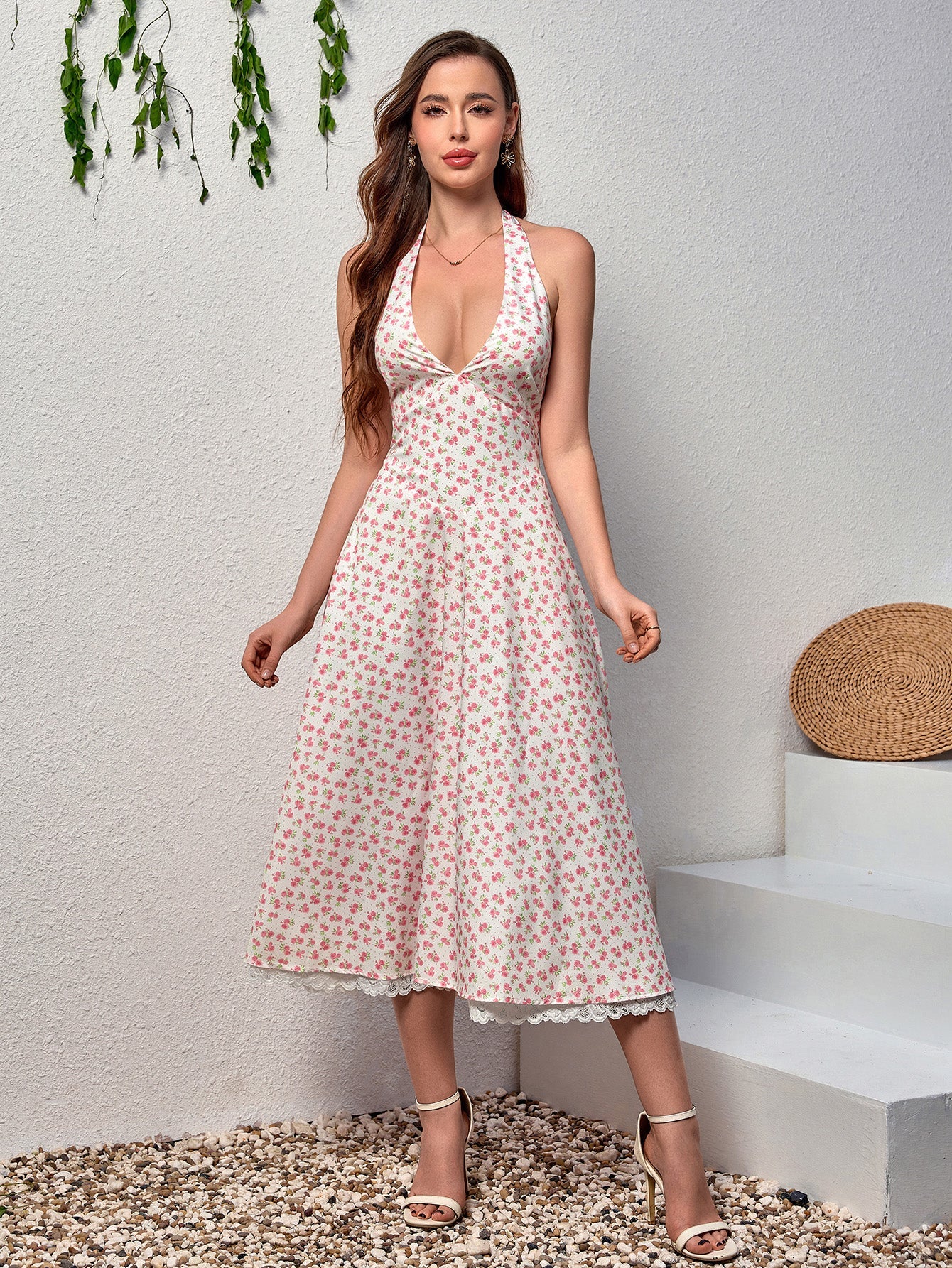 Deep V-Neck Smocking Lace Spliced Floral Dress