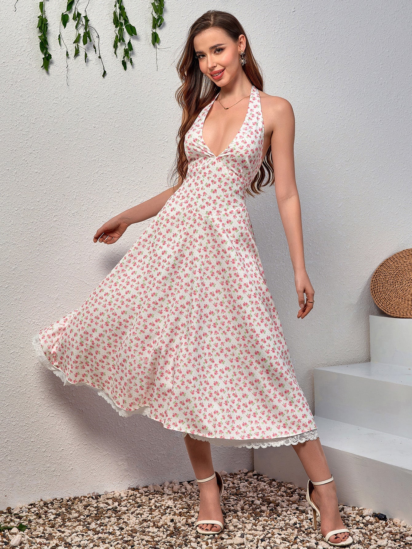Deep V-Neck Smocking Lace Spliced Floral Dress