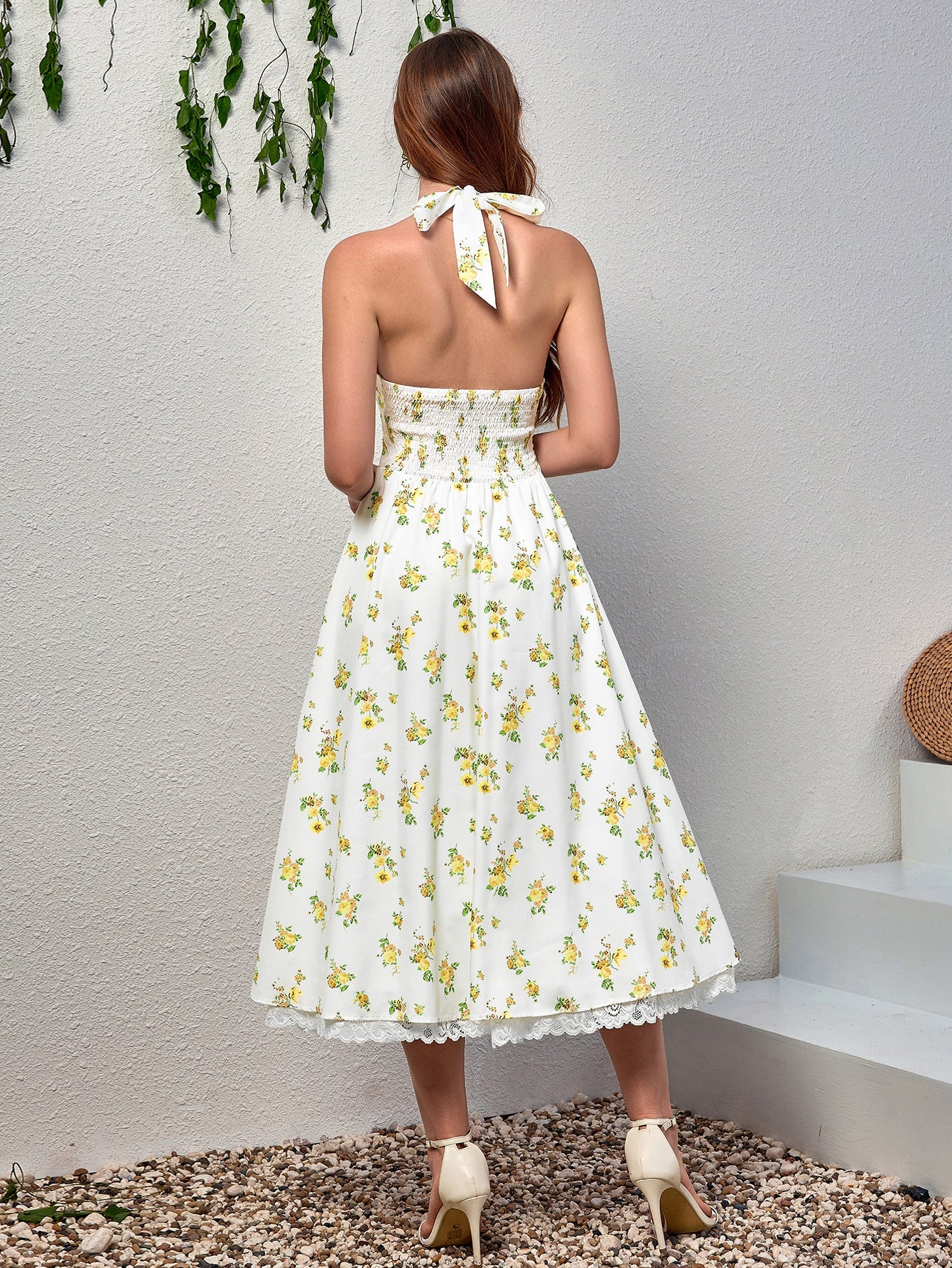 Deep V-Neck Smocking Lace Spliced Floral Dress