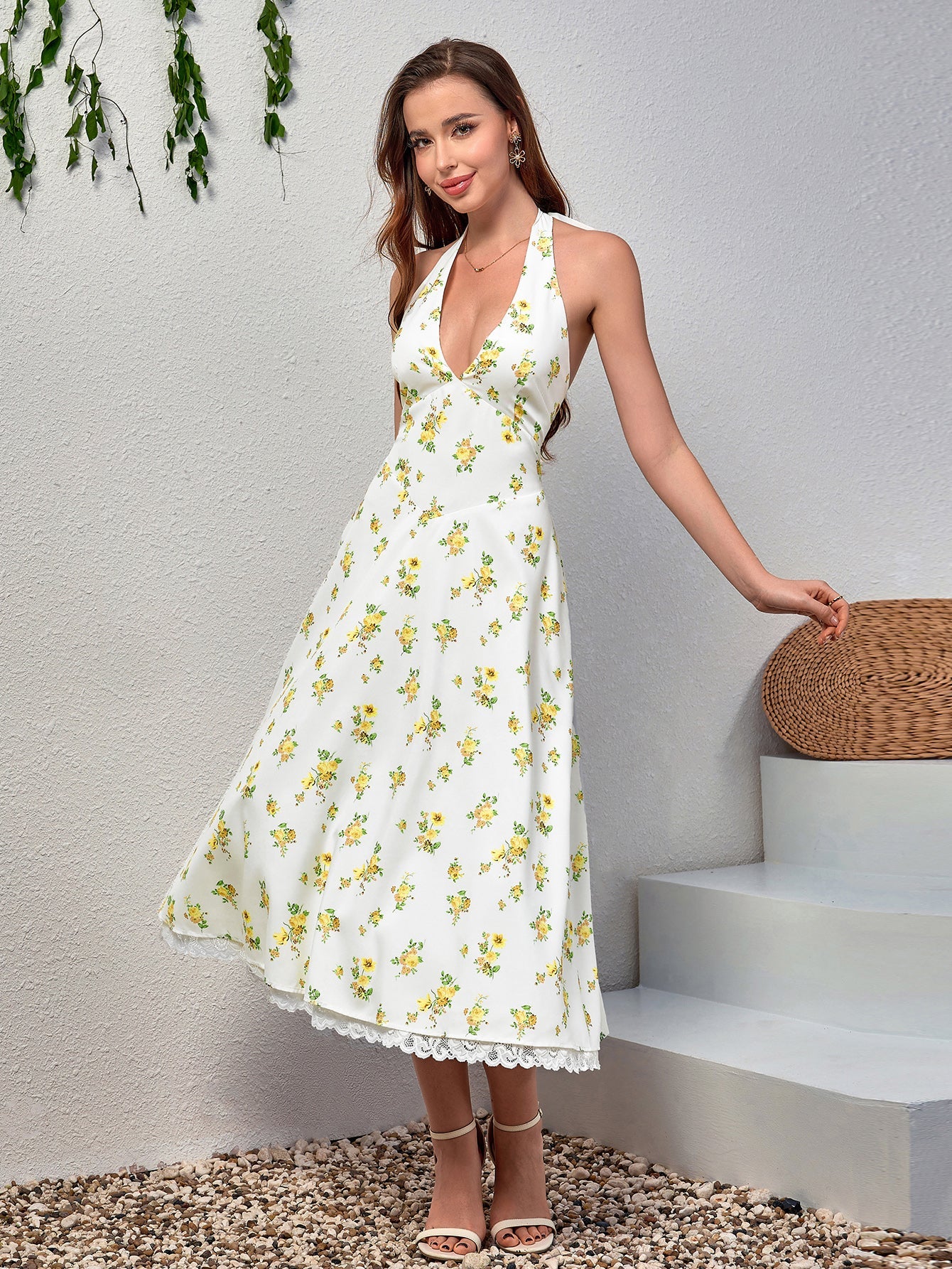 Deep V-Neck Smocking Lace Spliced Floral Dress