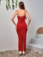 Sexy Sleeveless Backless Lace Embellished Solid Mesh Bodycon Slip Dress
