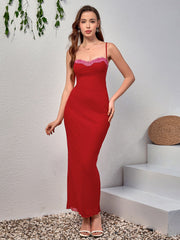 Sexy Sleeveless Backless Lace Embellished Solid Mesh Bodycon Slip Dress