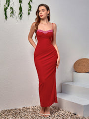 Sexy Sleeveless Backless Lace Embellished Solid Mesh Bodycon Slip Dress