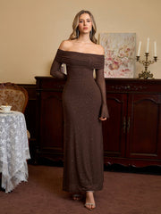 Off Shoulder Flounce Sleeve Mesh Sequin Dress