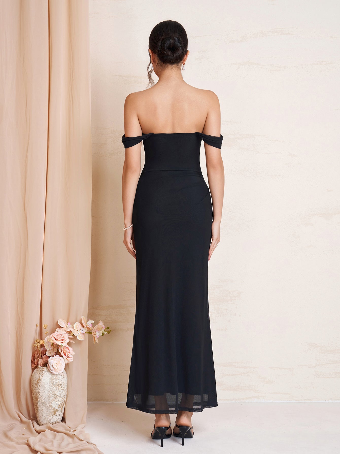 Off Shoulder Ruched Bodycon Mesh Dress