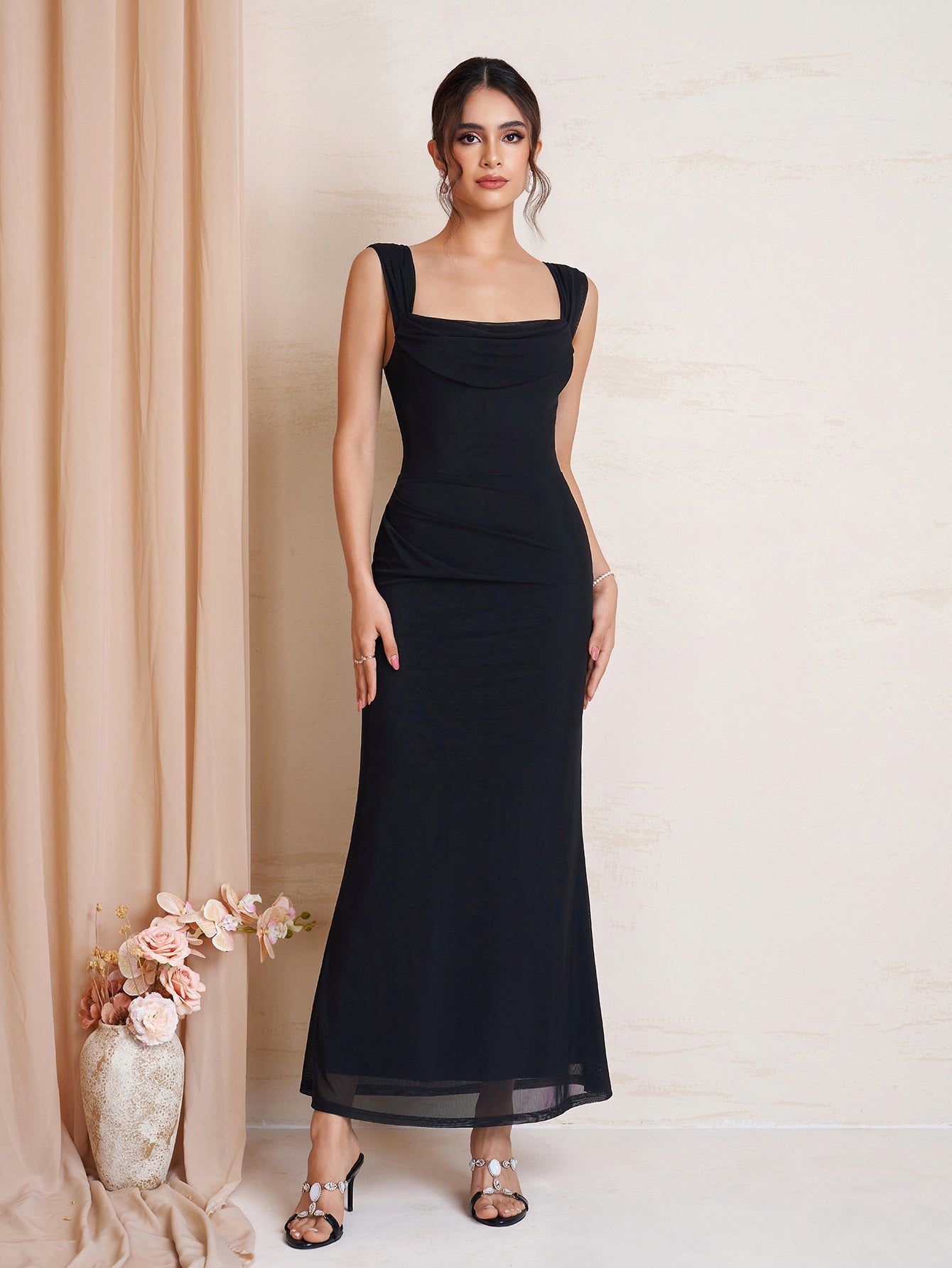 Off Shoulder Ruched Bodycon Mesh Dress