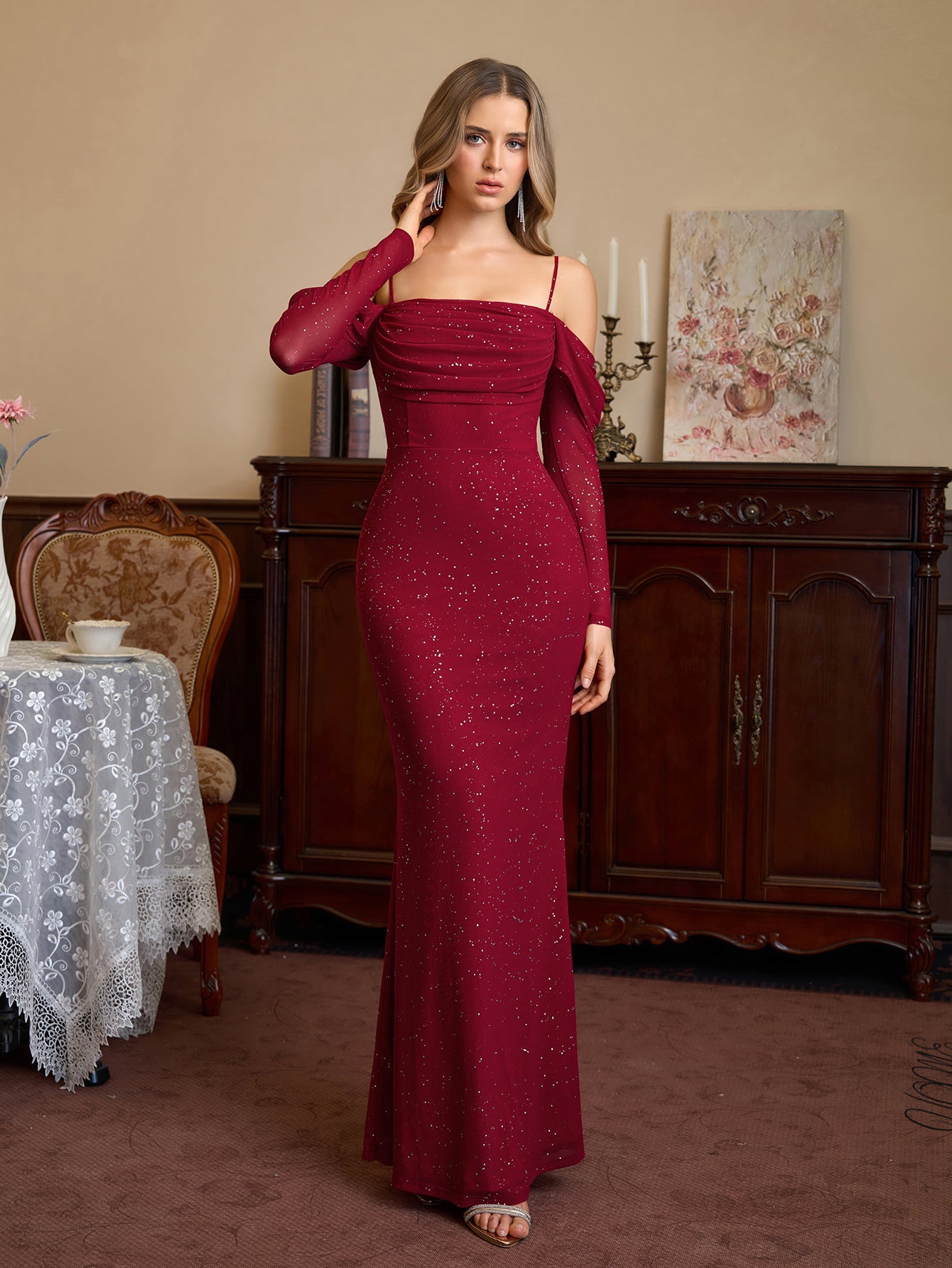 Off Shoulder Ruched Bust Mesh Sequin Mermaid Dress