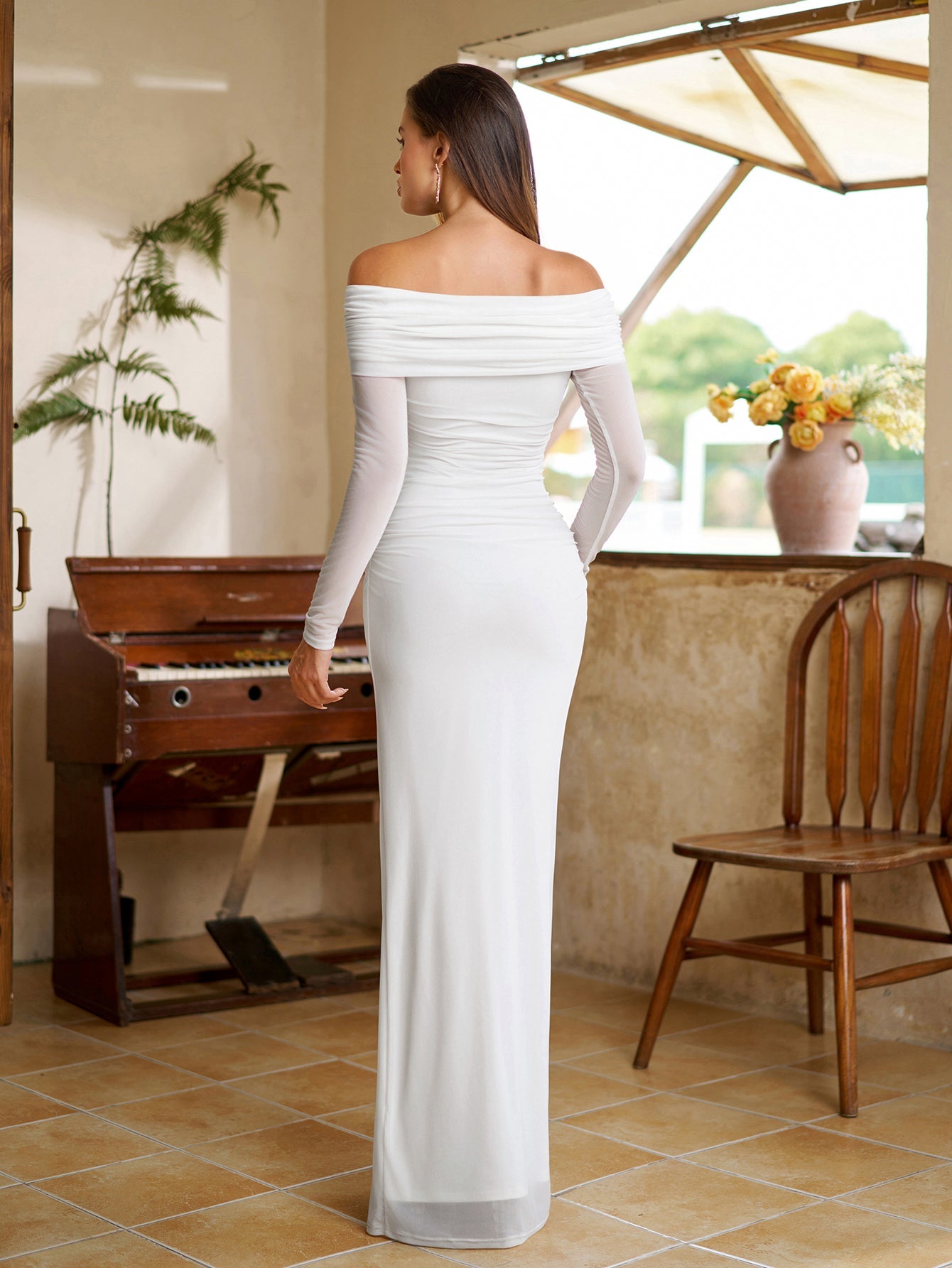 Off Shoulder Ruched Crisscross Mesh Bodycon Dress