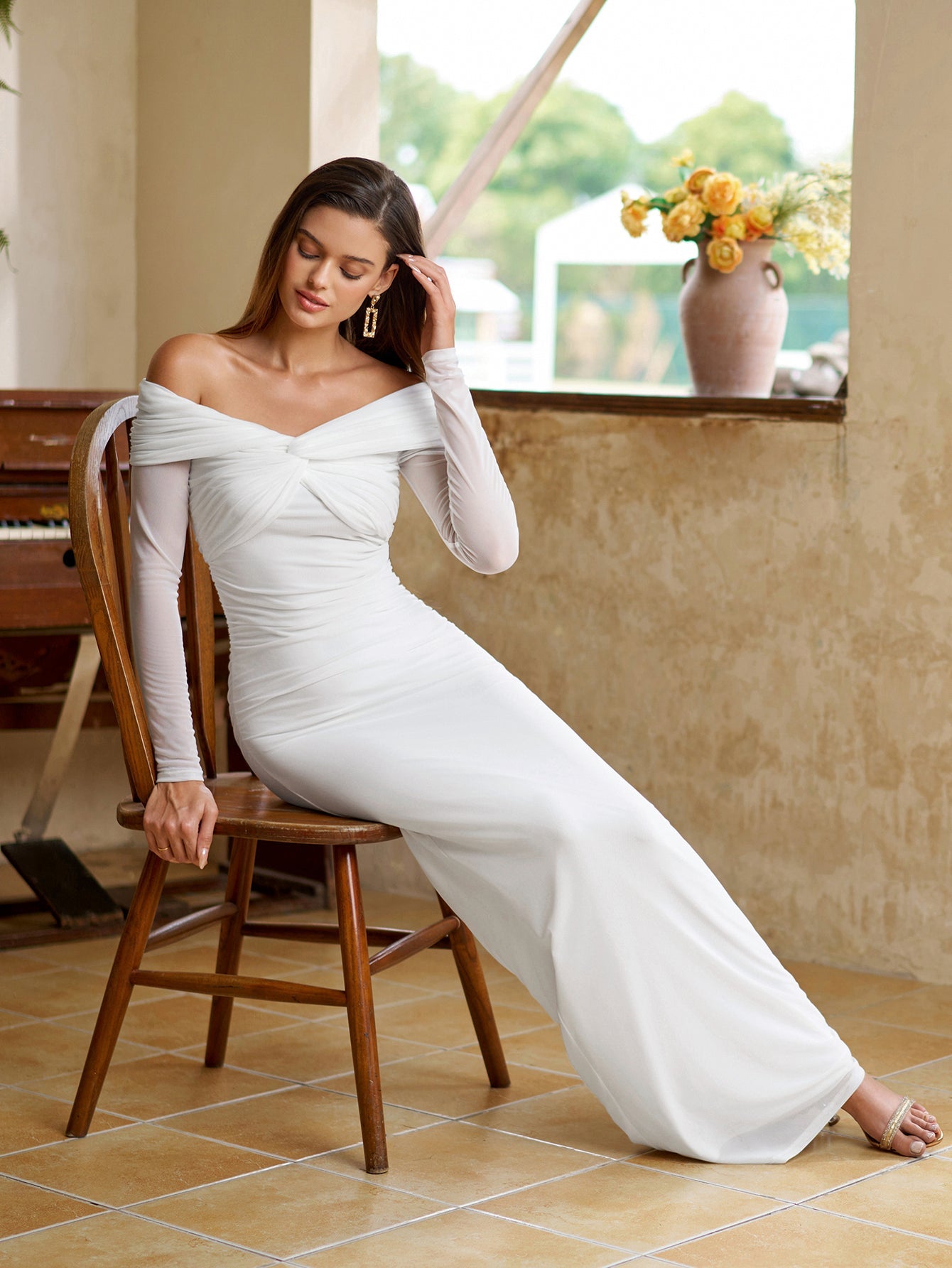 Off Shoulder Ruched Crisscross Mesh Bodycon Dress