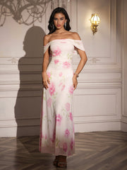 Off Shoulder Ruched Floral Print Dress