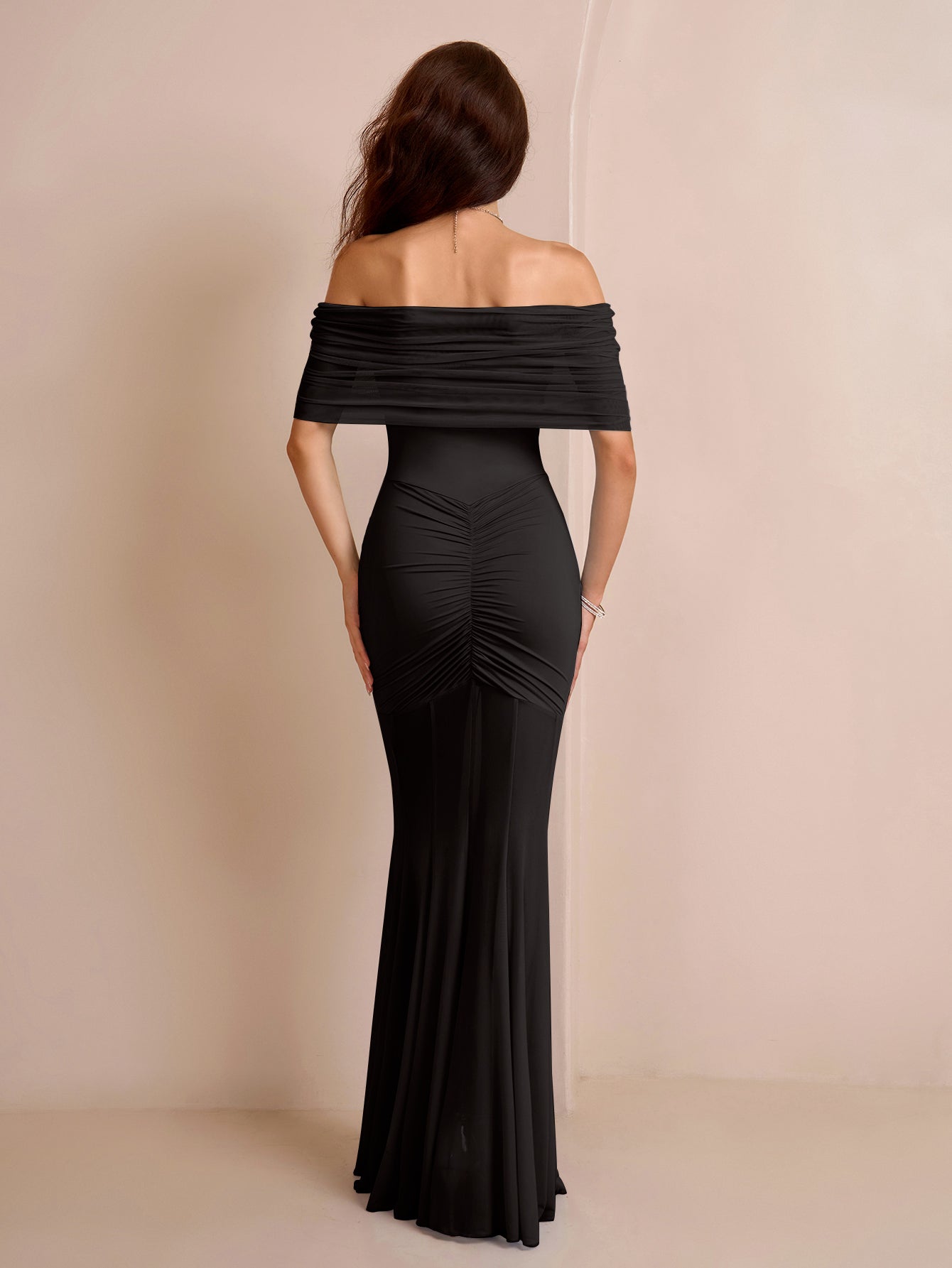 Off Shoulder Ruched Mesh Bodycon Dress