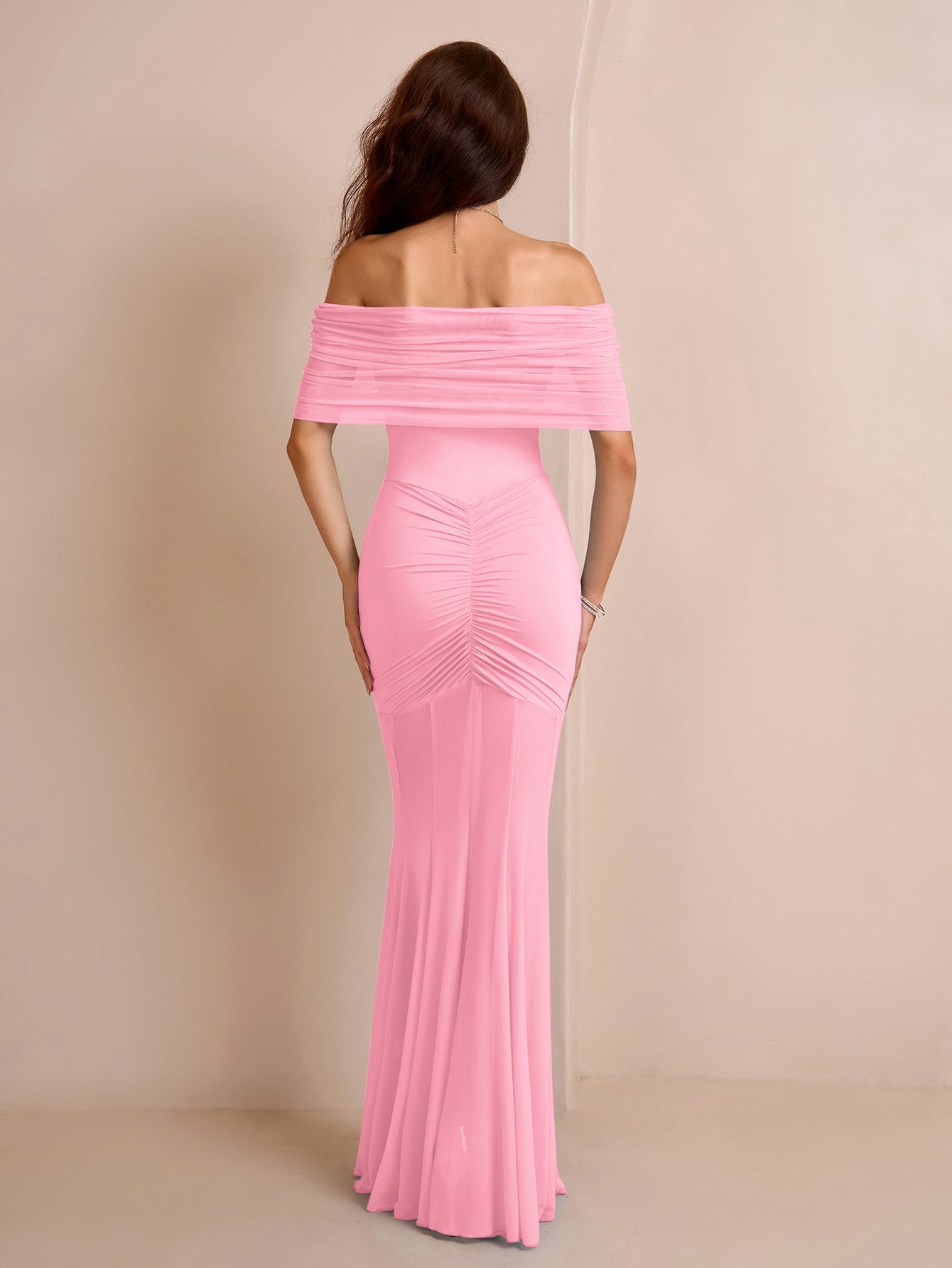Off Shoulder Ruched Mesh Bodycon Dress