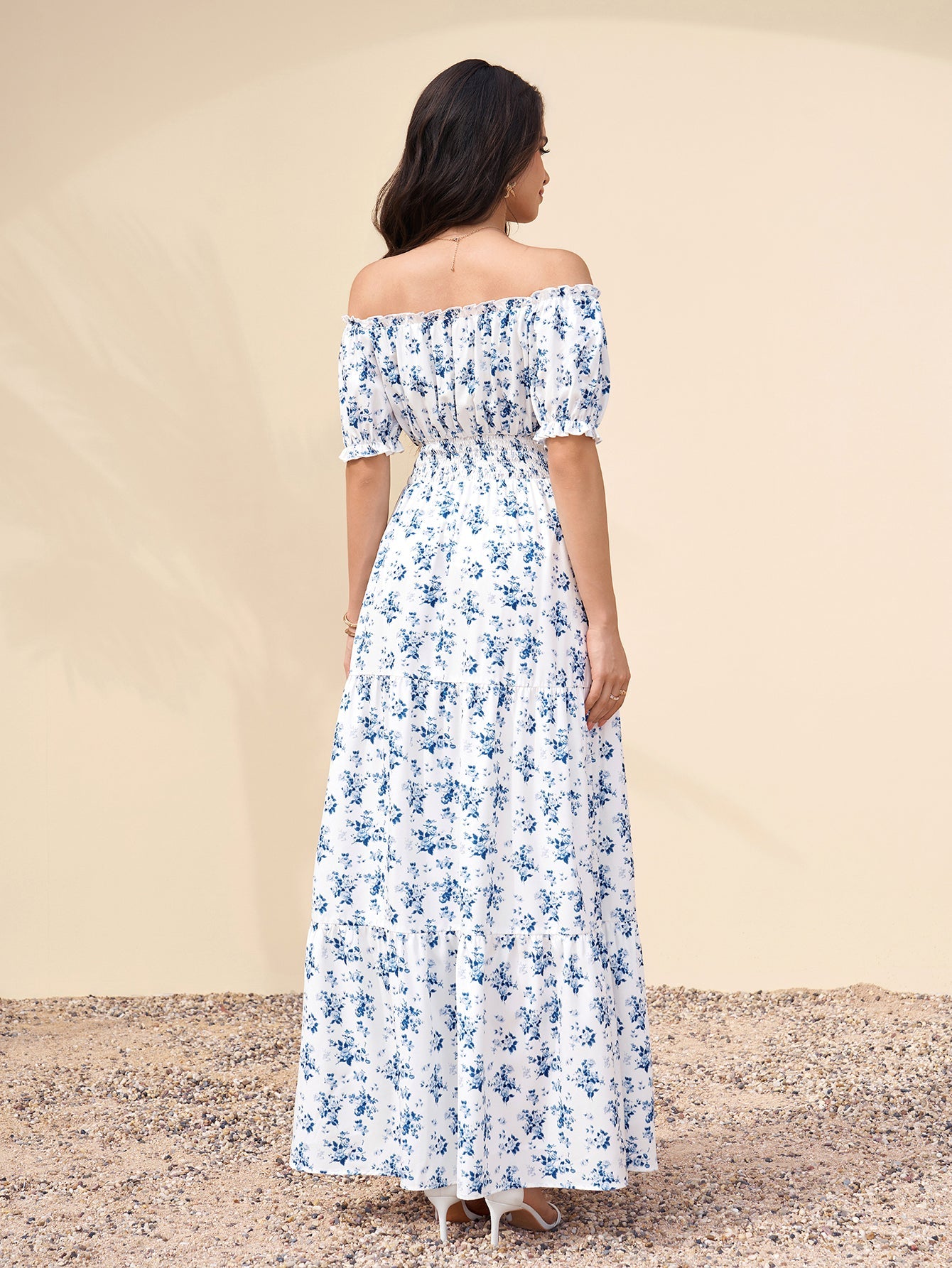 Off Shoulder Ruched Pocket Floral Print Maxi Dress