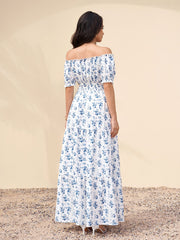 Off Shoulder Ruched Pocket Floral Print Maxi Dress
