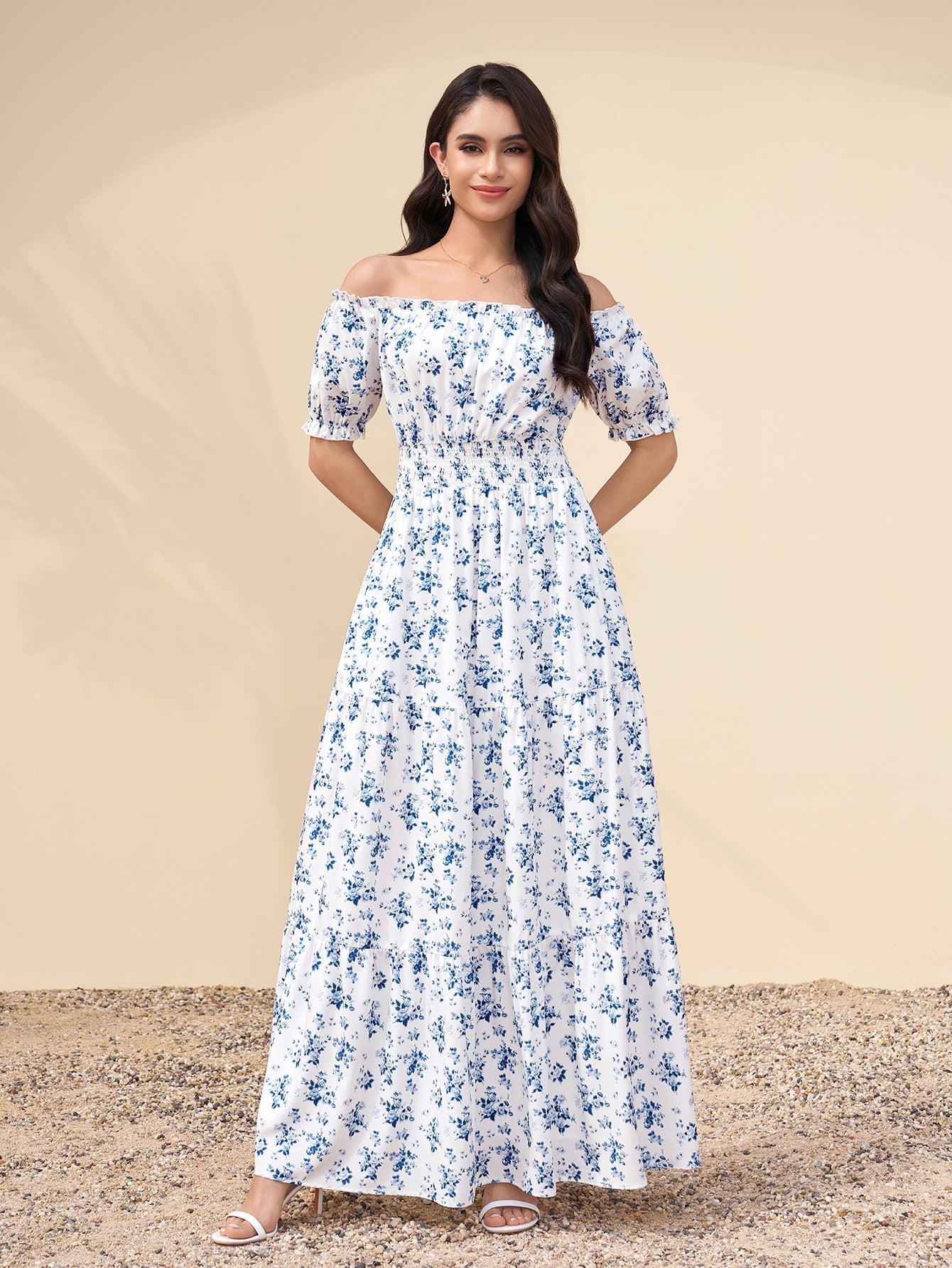 Off Shoulder Ruched Pocket Floral Print Maxi Dress