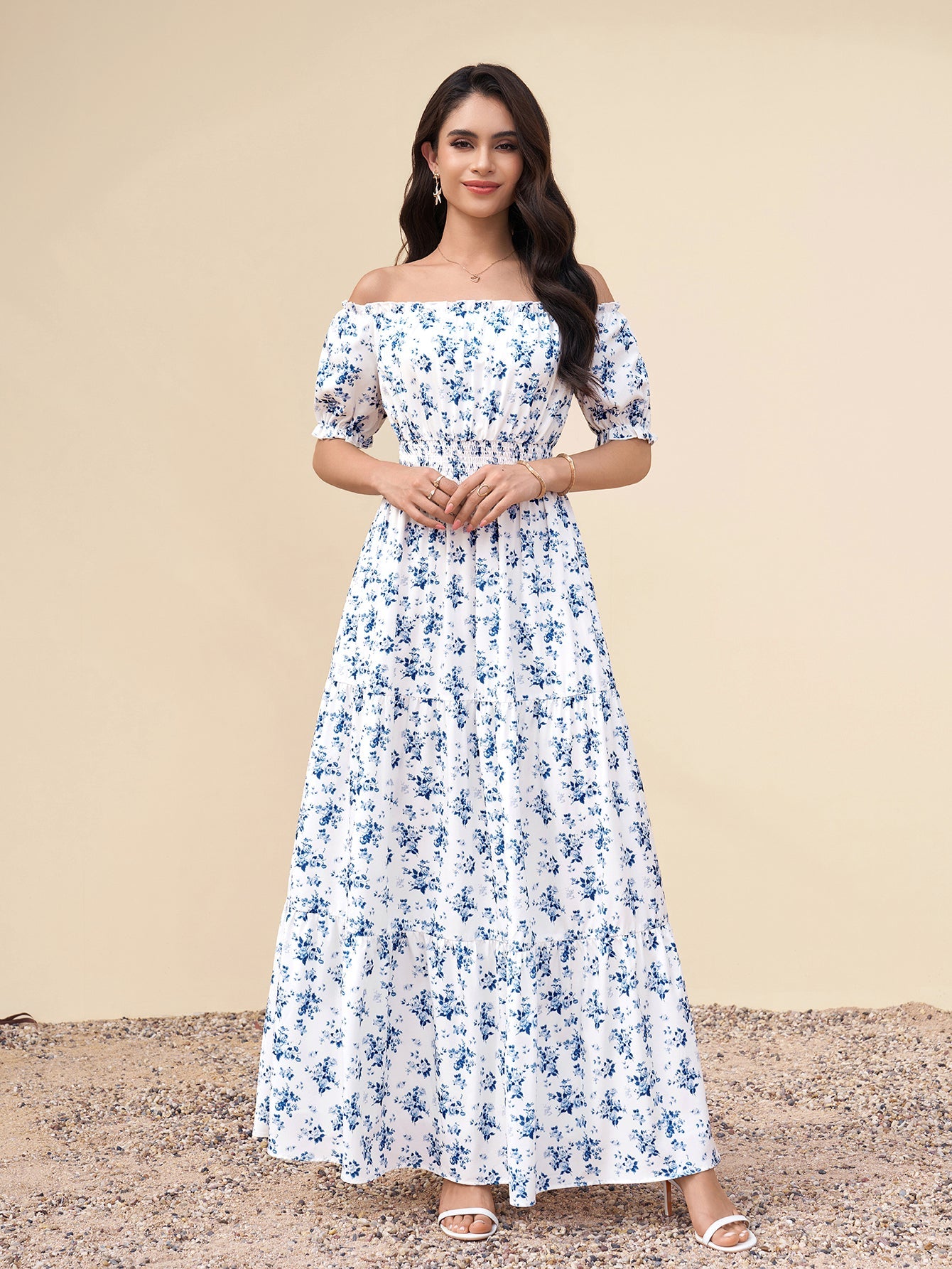 Off Shoulder Ruched Pocket Floral Print Maxi Dress