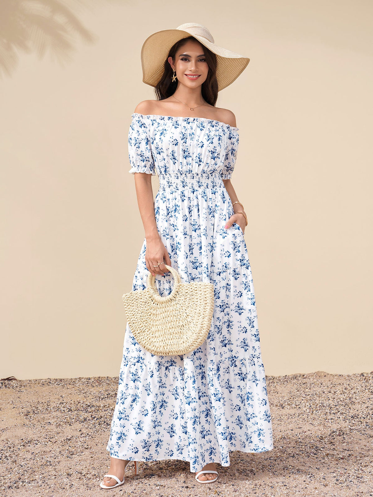 Off Shoulder Ruched Pocket Floral Print Maxi Dress