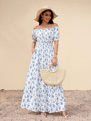 Off Shoulder Ruched Pocket Floral Print Maxi Dress