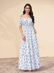 Off Shoulder Ruched Pocket Floral Print Maxi Dress