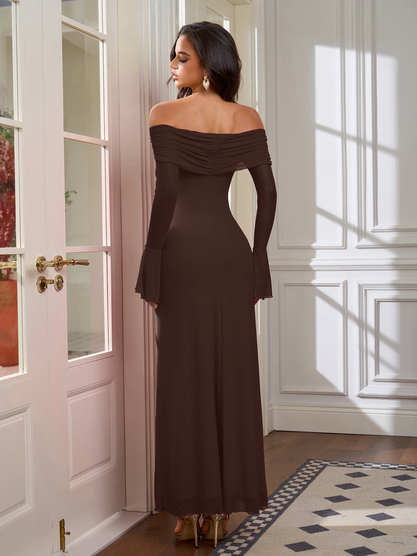 Off Shoulder Ruched Tie Front Flounce Sleeve Mesh Dress