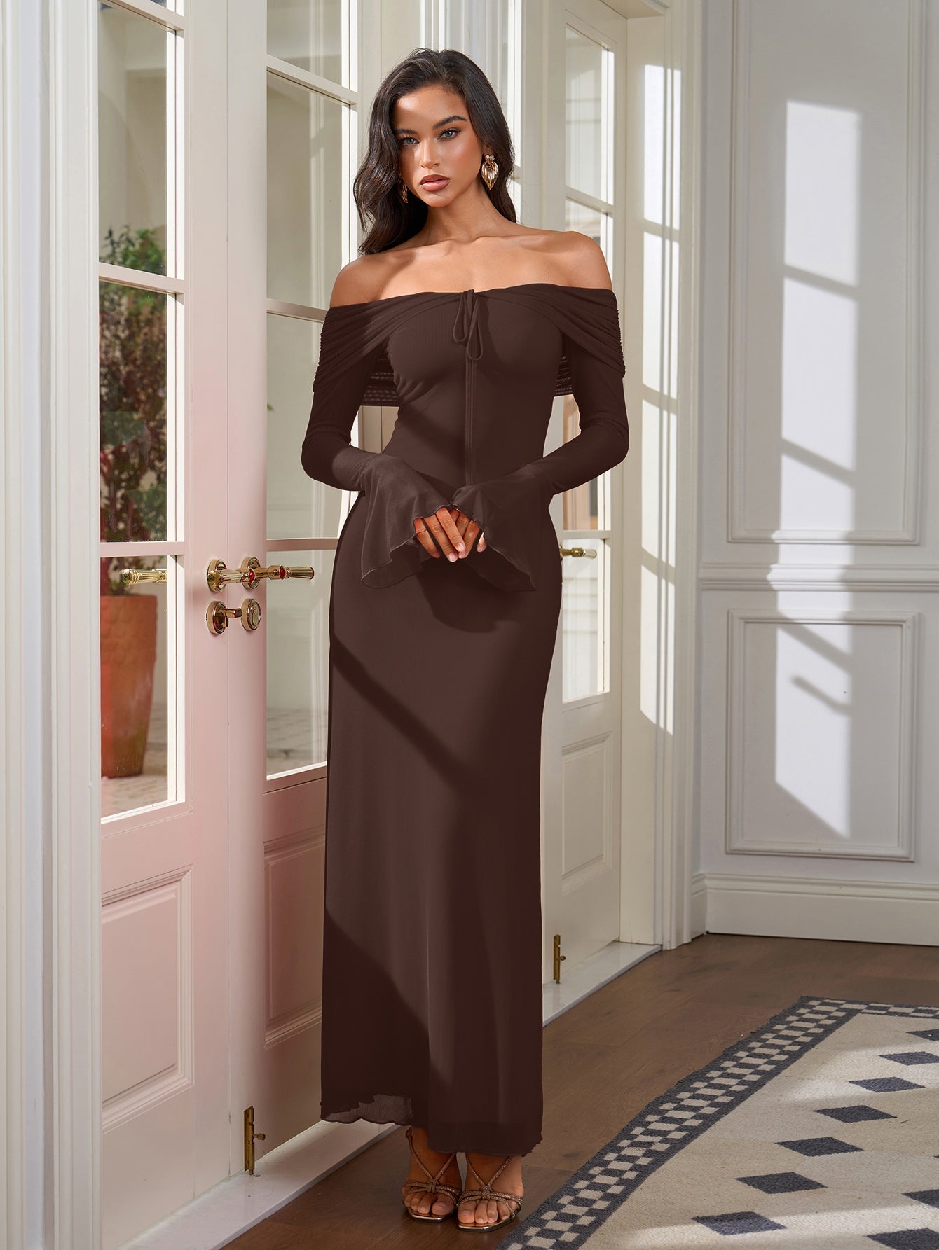 Off Shoulder Ruched Tie Front Flounce Sleeve Mesh Dress